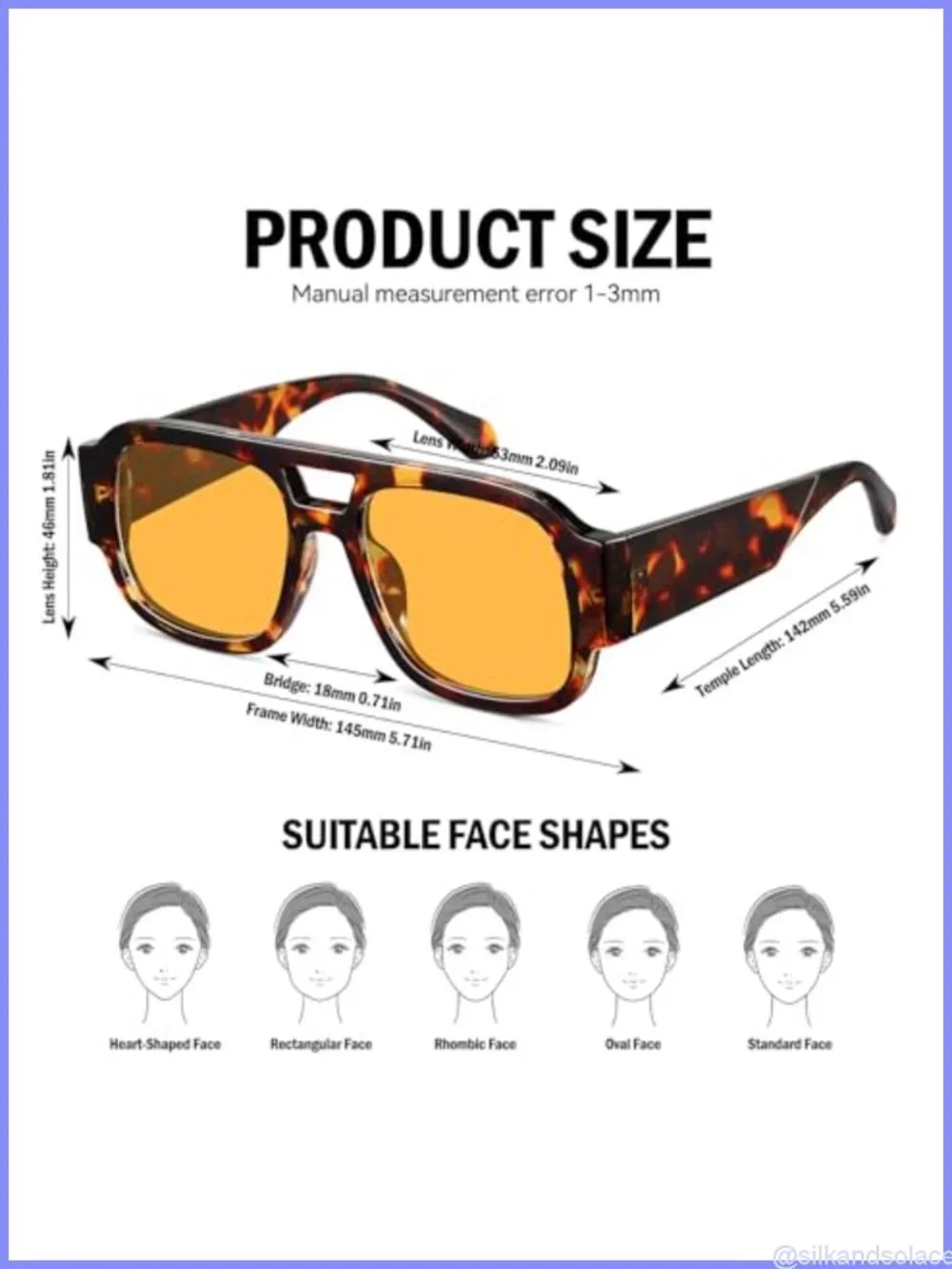 Square Aviator Sunglasses Double Bridge UV400 Retro Unisex